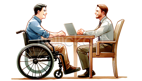 소통 협력 남자 두명 성인 성인남자만 PSD 옆모습 일러스트 노트북 라이프스타일 마주보기 미소(표정) 비장애인 비즈니스 앉기 업무 의자 장애인 장애인의날 책상 휠체어