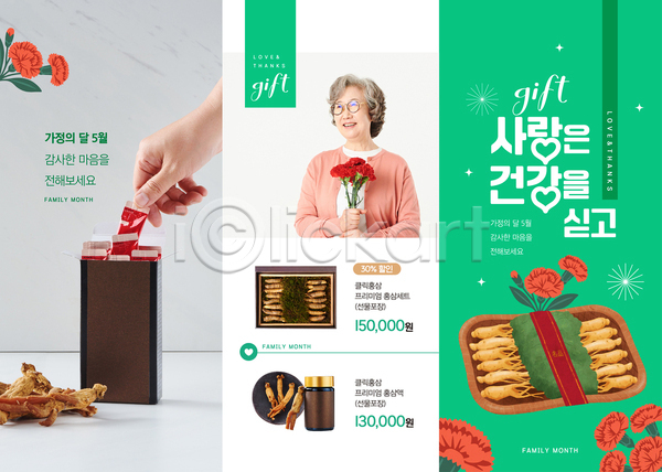 60대 노년 노인여자한명만 사람 신체부위 여자 한국인 한명 AI(파일형식) 템플릿 3단접지 가정의달 건강식품 리플렛 상반신 선물 손 어버이날 초록색 카네이션 홍삼