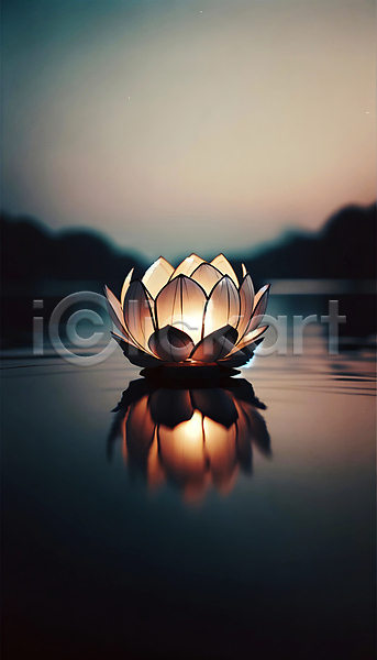 고요 사람없음 JPG 디지털합성 편집이미지 반사 불교 빛 수면 야간 연꽃(꽃) 연등 연못 조명 편집소스