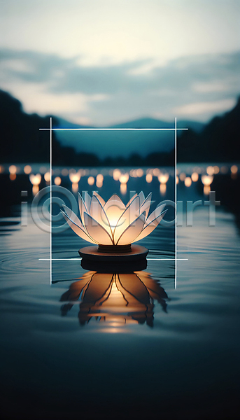 고요 사람없음 JPG 디지털합성 편집이미지 반사 불교 빛 수면 야간 연꽃(꽃) 연등 연못 조명 편집소스