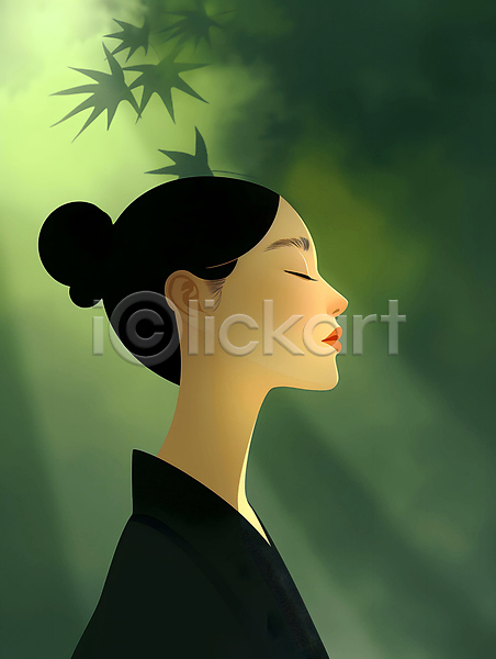 분위기 성인 성인여자한명만 여자 한명 JPG 디지털합성 편집이미지 눈감음 명상 빛 상반신 올림머리 잎 차분 초록색 편집소스