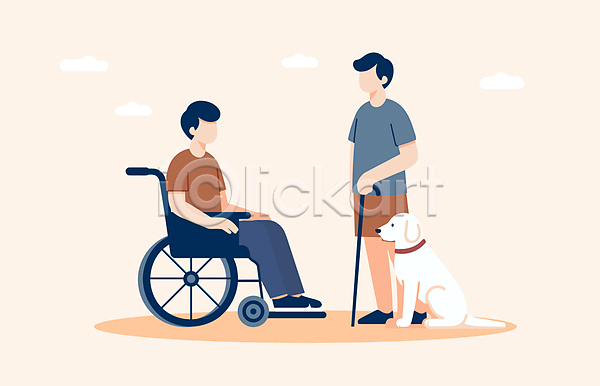 도움 남자 두명 성인 성인남자만 AI(파일형식) 일러스트 강아지 도우미 동반 시각장애인 안내견 야외 장애 장애인취업 전신 지원 지팡이 휠체어