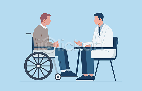 복지 남자 두명 성인 성인남자만 AI(파일형식) 일러스트 대화 병원 상담 의사 의자 장애 장애인 장애인취업 전신 진료 책상 환자 휠체어