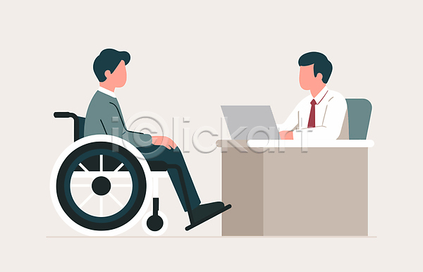 남자 두명 성인 성인남자만 AI(파일형식) 일러스트 건강 대화 병원 사용자 상담 의사 의자 장애 장애인 장애인취업 전문직 전신 진료 책상 컴퓨터 휠체어