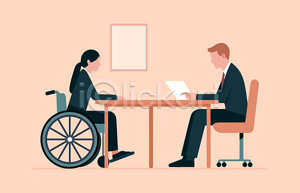 남자 두명 성인 성인만 여자 AI(파일형식) 일러스트 동등 면담 문서 사무실 앉기 액자 업무 의자 장애 장애인 장애인취업 전문직 전신 정장 직장 책상 회의 휠체어