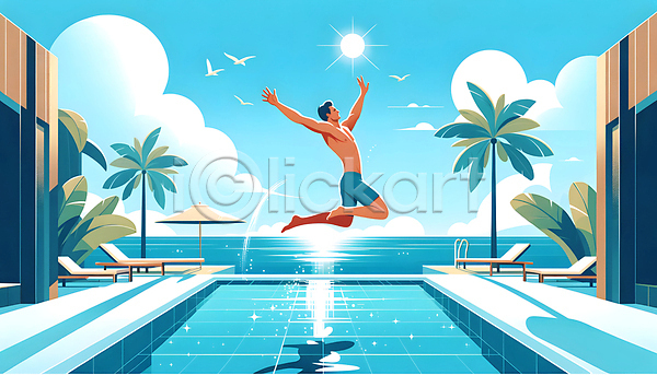 남자 성인 성인남자한명만 한명 JPG 일러스트 그림자 수영복 야외수영장 야자수 여름휴가 점프 조류 태양 햇빛