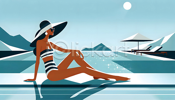성인 성인여자한명만 여자 한명 JPG 일러스트 밀짚모자 선글라스 선베드 앉기 야외수영장 여름휴가 파라솔 햇빛