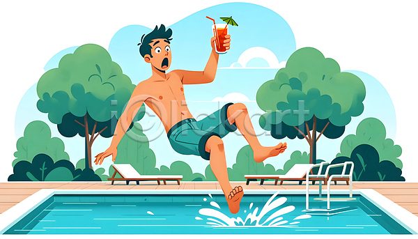 남자 성인 성인남자한명만 한명 JPG 일러스트 나무 놀람 들기 미끄러짐 빨대 선베드 수영복 야외수영장 여름휴가 음료 잔 전신 풀숲