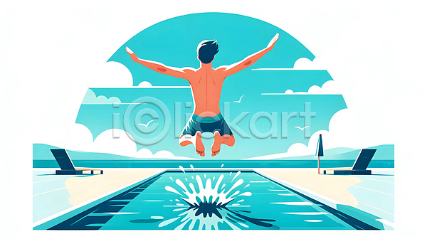남자 성인 성인남자한명만 한명 JPG 일러스트 선베드 수영복 야외수영장 여름휴가 전신 점프 조류 튀는물 파라솔 팔벌리기