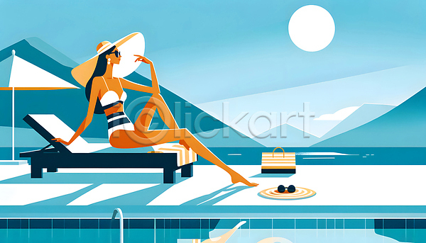 성인 성인여자한명만 여자 한명 JPG 일러스트 그림자 밀짚모자 선글라스 선베드 선탠 수영복 앉기 야외수영장 여름휴가 전신 파라솔 햇빛