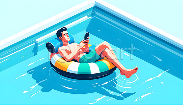 남자 성인 성인남자한명만 한명 JPG 일러스트 그림자 들기 물결 수영복 수영장 스마트폰 여름휴가 전신 튜브