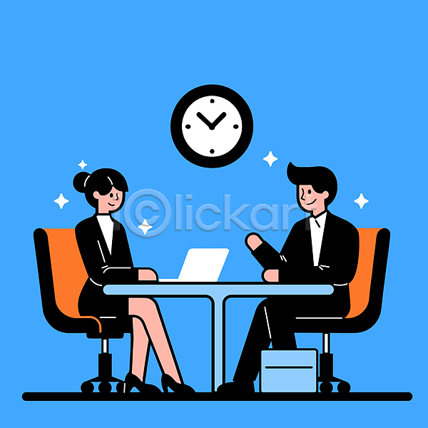 협력 남자 두명 성인 성인만 여자 AI(파일형식) 일러스트 노트북 반짝임 비즈니스 서류가방 시계 의자 전신 직장인 책상 파란색 회의