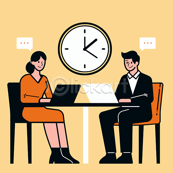 협력 남자 두명 성인 성인만 여자 AI(파일형식) 일러스트 노트북 말풍선 비즈니스 시계 앉기 의자 전신 주황색 직장인 책상 회의