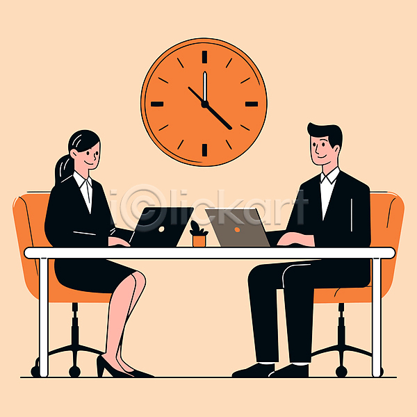 협력 남자 두명 성인 성인만 여자 AI(파일형식) 일러스트 노트북 비즈니스 시계 앉기 의자 전신 주황색 직장인 책상 화분 화초