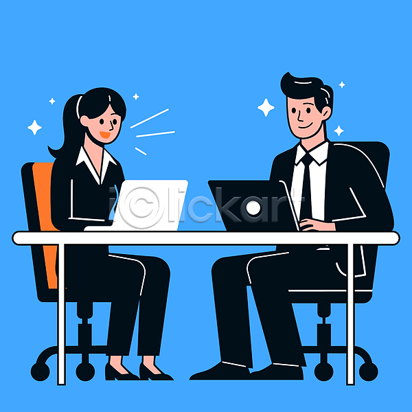 협력 남자 두명 성인 성인만 여자 AI(파일형식) 일러스트 노트북 말하기 반짝임 비즈니스 앉기 의자 전신 직장인 책상 파란색 회의