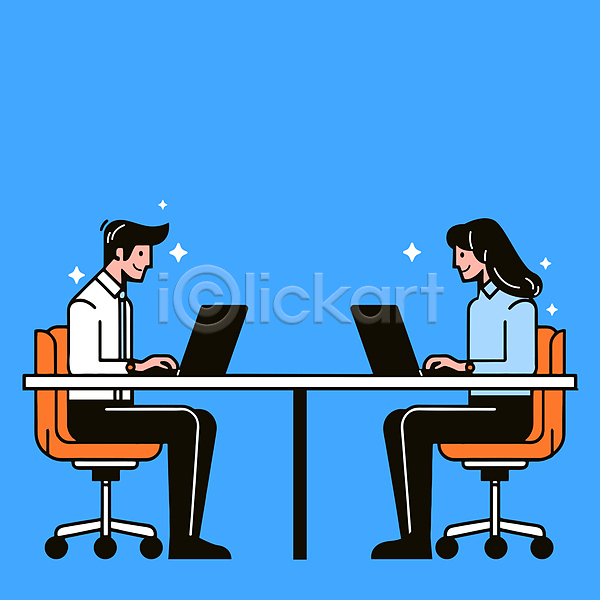 협력 남자 두명 성인 성인만 여자 AI(파일형식) 일러스트 노트북 반짝임 비즈니스 앉기 의자 전신 직장인 책상 타이핑 파란색