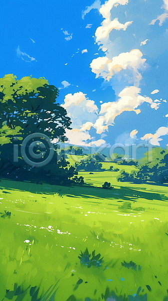평화 사람없음 JPG 일러스트 구름(자연) 나무 들꽃 백그라운드 여름(계절) 자연 초원(자연) 파란색 하늘