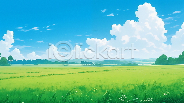 여유 평화 휴식 사람없음 JPG 일러스트 구름(자연) 나무 들꽃 백그라운드 자연 초록색 초원(자연) 하늘