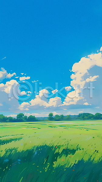 여유 평화 휴식 사람없음 JPG 일러스트 구름(자연) 나무 들꽃 백그라운드 자연 초록색 초원(자연) 하늘