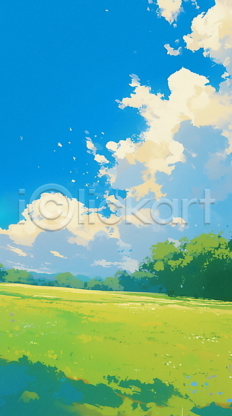 여유 평화 휴식 사람없음 JPG 일러스트 구름(자연) 나무 들꽃 백그라운드 자연 초록색 초원(자연) 파란색 하늘