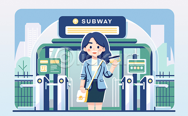 성인 성인여자한명만 여자 한명 AI(파일형식) 일러스트 가방 개찰구 교통 교통카드 들기 비즈니스 일상 전철 전철역 직장인 초록색 출근 캠페인 퇴근