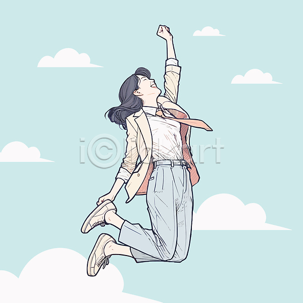 성인 성인여자한명만 여자 한명 AI(파일형식) 일러스트 구름(자연) 손뻗기 전신 점프 청년취업 하늘