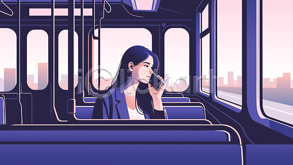 감성 휴식 성인 성인여자한명만 여자 한명 AI(파일형식) 일러스트 도시 들기 버스 보라색 상반신 수다 스마트폰 의자 이야기 일상 전철 통화