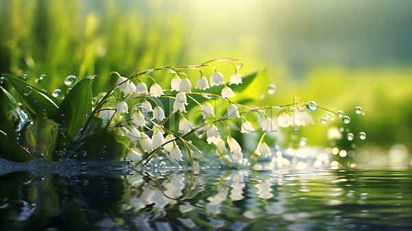 사람없음 JPG 편집이미지 반사 방울꽃 은방울꽃 풍경(경치) 햇빛 호수