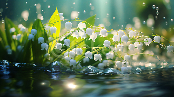 사람없음 JPG 편집이미지 물방울 방울꽃 은방울꽃 풍경(경치) 햇빛 호수