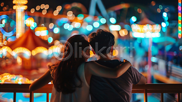 남자 두명 성인 성인만 여자 JPG 디지털합성 편집이미지 놀이 놀이공원 데이트 빛 야간 야간개장 어깨에손 오픈 커플
