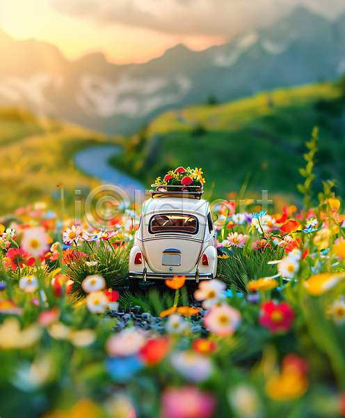 행복 사람없음 JPG 소프트포커스 편집이미지 꽃 꽃밭 드라이브 미니어처 봄 산 여행 자동차 햇빛