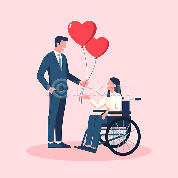 사랑 행복 남자 두명 성인 성인만 여자 AI(파일형식) 일러스트 기념일 데이트 들기 배려 분홍색 앉기 얼굴없음 장애인 장애인의날 전신 주기 커플 하트풍선 휠체어