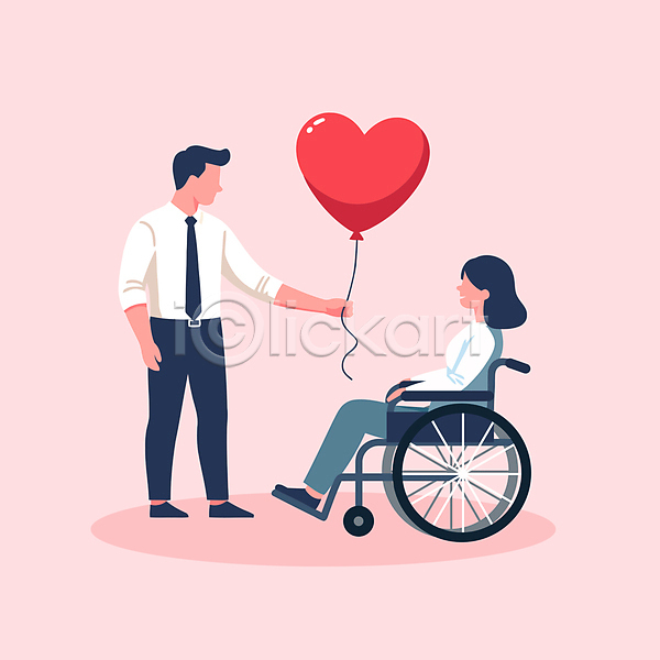 사랑 행복 남자 두명 성인 성인만 여자 AI(파일형식) 일러스트 기념일 데이트 들기 배려 분홍색 얼굴없음 장애인 장애인의날 전신 주기 커플 하트풍선 휠체어