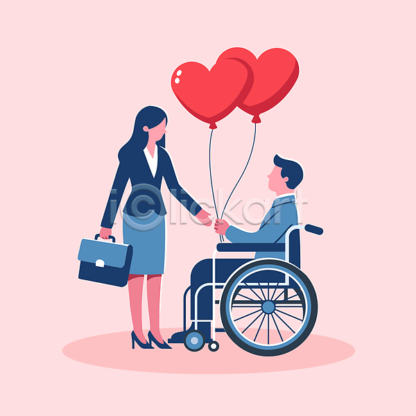 사랑 행복 남자 두명 성인 성인만 여자 AI(파일형식) 일러스트 기념일 데이트 들기 배려 분홍색 얼굴없음 장애인 장애인의날 전신 주기 커플 풍선 하트풍선 휠체어