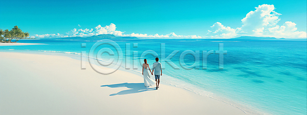산책 남자 두명 성인 성인만 여자 JPG 뒷모습 디지털합성 편집이미지 걷기 구름(자연) 모래사장 바다 손잡기 수영복 여름(계절) 전신 커플 파란색 하늘 해변