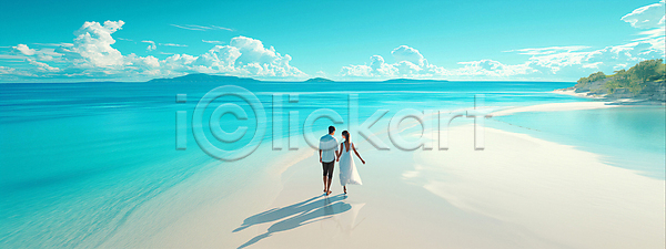 산책 남자 두명 성인 성인만 여자 JPG 뒷모습 디지털합성 편집이미지 걷기 구름(자연) 모래사장 바다 손잡기 수영복 여름(계절) 전신 커플 파란색 하늘 해변