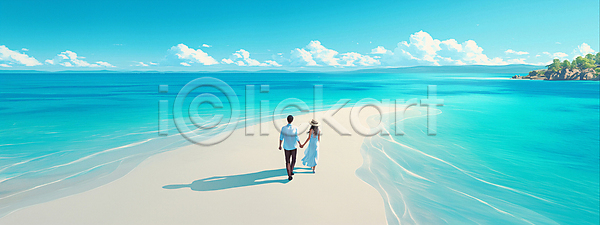 산책 남자 두명 성인 성인만 여자 JPG 뒷모습 디지털합성 편집이미지 걷기 구름(자연) 모래사장 바다 섬 손잡기 수영복 여름(계절) 전신 커플 파란색 하늘 해변