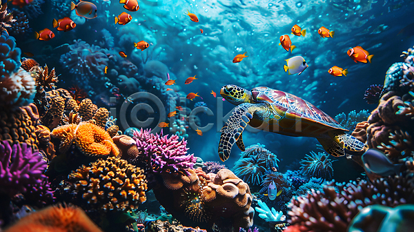 사람없음 JPG 디지털합성 편집이미지 거북이 바닷속 백그라운드 산호 산호초 어류 편집소스