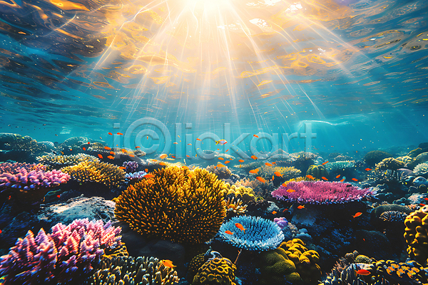 사람없음 JPG 디지털합성 편집이미지 바닷속 백그라운드 빛 산호 산호초 어류 카피스페이스 편집소스