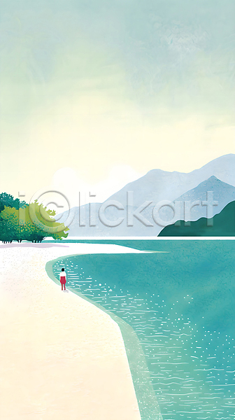 분위기 성인 성인여자한명만 여자 한명 PSD 일러스트 나무 모래 물 바다 백그라운드 산 여름(계절) 자연 전신 파란색 풍경(경치) 하늘