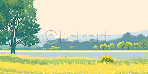 분위기 사람없음 PSD 일러스트 나무 물 백그라운드 산 여름(계절) 연못 자연 잔디 초록색 초원(자연) 풍경(경치) 하늘