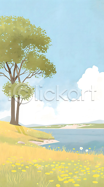 분위기 사람없음 PSD 일러스트 꽃 나무 물 백그라운드 산 여름(계절) 연못 자연 잔디 초록색 초원(자연) 풍경(경치) 하늘