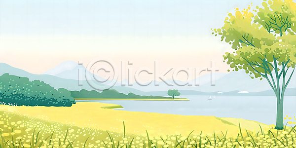 분위기 사람없음 PSD 일러스트 꽃 나무 물 백그라운드 산 여름(계절) 연못 자연 잔디 초록색 초원(자연) 풍경(경치) 하늘