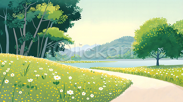 분위기 사람없음 PSD 일러스트 길 꽃 나무 물 백그라운드 산 여름(계절) 연못 자연 잔디 초록색 초원(자연) 풍경(경치) 하늘