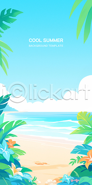휴식 사람없음 PSD 편집이미지 구름(자연) 꽃 모래사장 배너 백그라운드 야자수 야자수잎 여름휴가 카피스페이스 파도 포스터 풍경(경치) 하늘 해변
