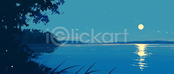 고요 부드러움 여유 평화 사람없음 JPG 일러스트 나무 달 물결 반사 밤하늘 야경 여름(계절) 자연 파란색 풍경(경치) 호수