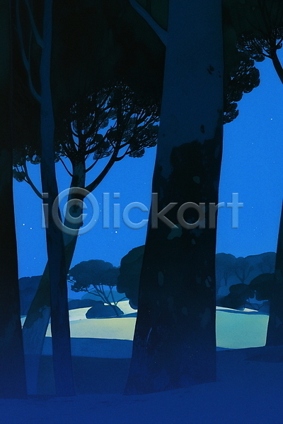 고요 사람없음 JPG 일러스트 나무 밤하늘 숲 야경 언덕 여름(계절) 자연 파란색