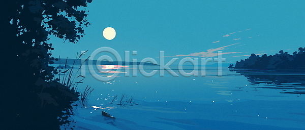 고요 부드러움 여유 평화 휴식 사람없음 JPG 일러스트 나무 달 명상 물결 반사 밤하늘 야경 여름(계절) 자연 저녁 초록색 파란색 풍경(경치) 호수