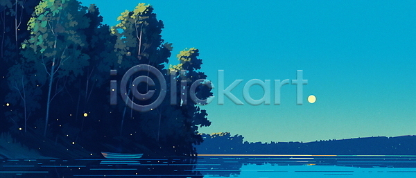 고요 부드러움 여유 평화 휴식 사람없음 JPG 일러스트 나무 달 명상 물결 밤하늘 야경 여름(계절) 자연 초록색 파란색 풍경(경치) 호수