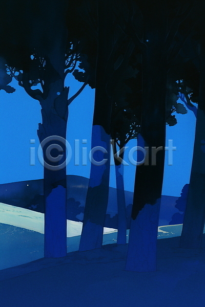 고요 평화 사람없음 JPG 일러스트 나무 몽환 밤하늘 숲길 야경 여름(계절) 자연 초록색 파란색 풍경(경치)